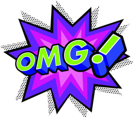 Omg Effect with Halftone in Comic Book Style. Vector Design Element. Retro Sticker. Global Colors Used.Three Dimensions. Global Colors.