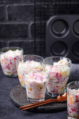 Multicolored dessert with fruit jelly