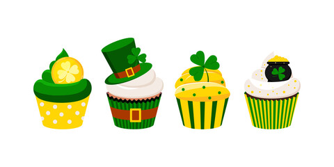 St Patrick cupcakes set isolated on white background. Cute irish sweets food - icing muffin with cion, leprechaun hat, clover, pot with gold. Flat design cartoon style dessert vector illustration.