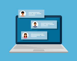 Remote communication. Internet forum. Chat messages on laptop. Vector isolated illustration.