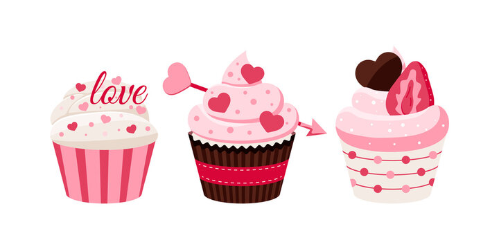 Valentines day cupcakes icon set - cute sweets food. Party homemade muffin with heart, text love, arrow, strawberry and chocolate in paper. Flat design cartoon style dessert vector illustration.