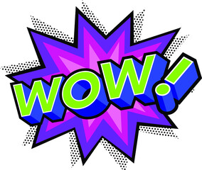 Wow Effect with Halftone in Comic Book Style. Vector Design Element. Retro Sticker. Global Colors Used. Three Dimensions.
