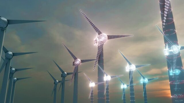 Wind Turbines with digital particles 4k. High quality 4k footage