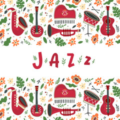 Jazz festival poster template. Lettering and floral decoration