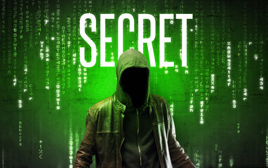 Faceless hacker with SECRET inscription, hacking concept