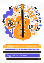 Jazz festival poster template. Lettering and floral decoration