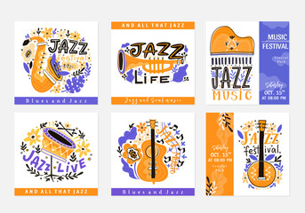 Jazz festival poster template. Lettering and floral decoration