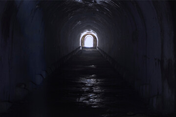 A sunlit exit from a dark dungeon. Light at the end of the tunnel, exit from the underground...