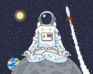 Fototapeta premium Astronaut sitting meditating on a planet or moon
