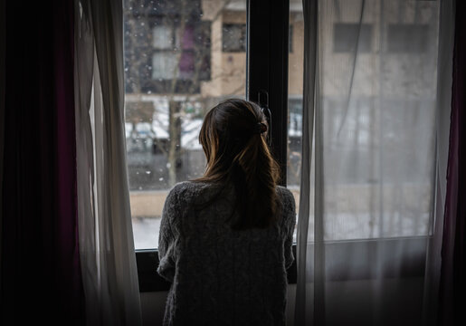 Image of a woman's back watching snowfall from a window