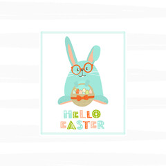 Easter vector illustration with cute bunny in glasses and decorative lettering