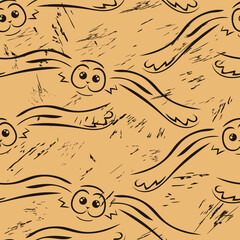 Flying owl seamless pattern in old retro style. Vintage pattern grunge design. Owl texture on craft paper. Retro texture. Print in old style.