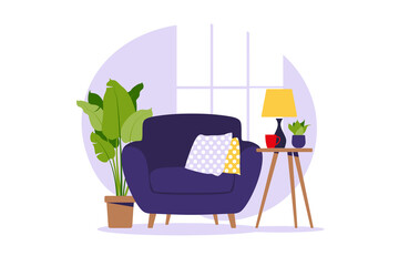 Fototapeta premium Modern armchair with mini table. Interior of the living room with furniture. Flat cartoon style. Vector illustration.