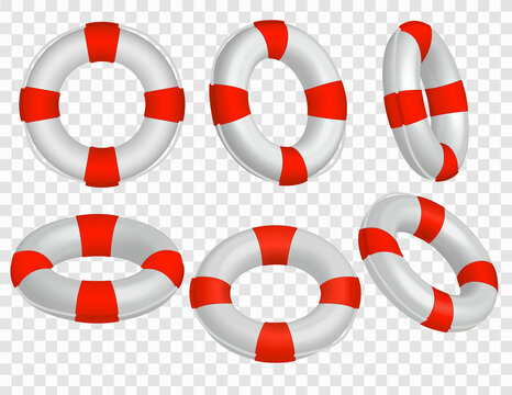 Set of 6 realistic red and white life buoy icons