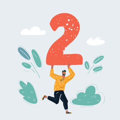 Vector illustration of Man run with big symbol of two on white backround.