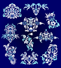 Set of 10 vector elements and motifs of Arabian and Turk national Islamic ornaments in lapis blue and white colors.
