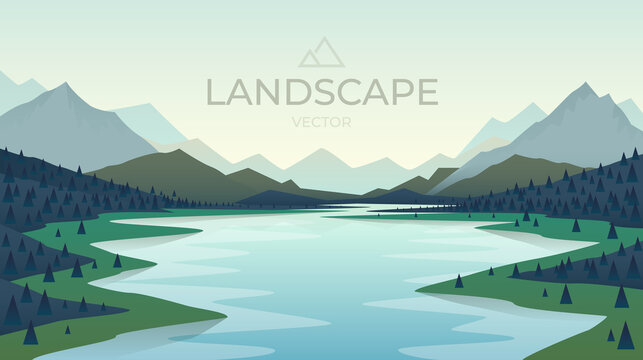 Lake at nature sunset with mountains landscape. Nature background. Vector