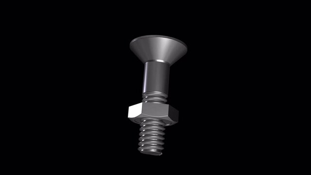 Screw and nut. The animation of the tightening nut and bolt metal Grey. Static Vertical Screw. Video without background. Isolated object with an alpha channel. 4444 4k 3D Realistic.