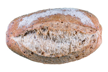 Rye bread with bran, flax seeds, sesame seeds and sunflower seeds isolated on a white background.