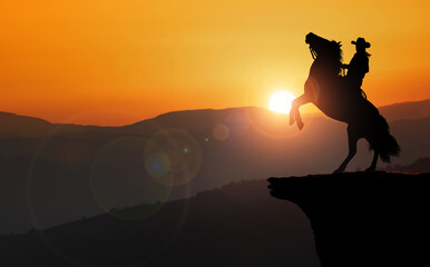 cowboy rears his horse on the rock over the precipice. © ginettigino