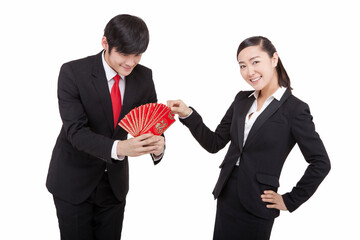 Happy Young Business men with red envelopes