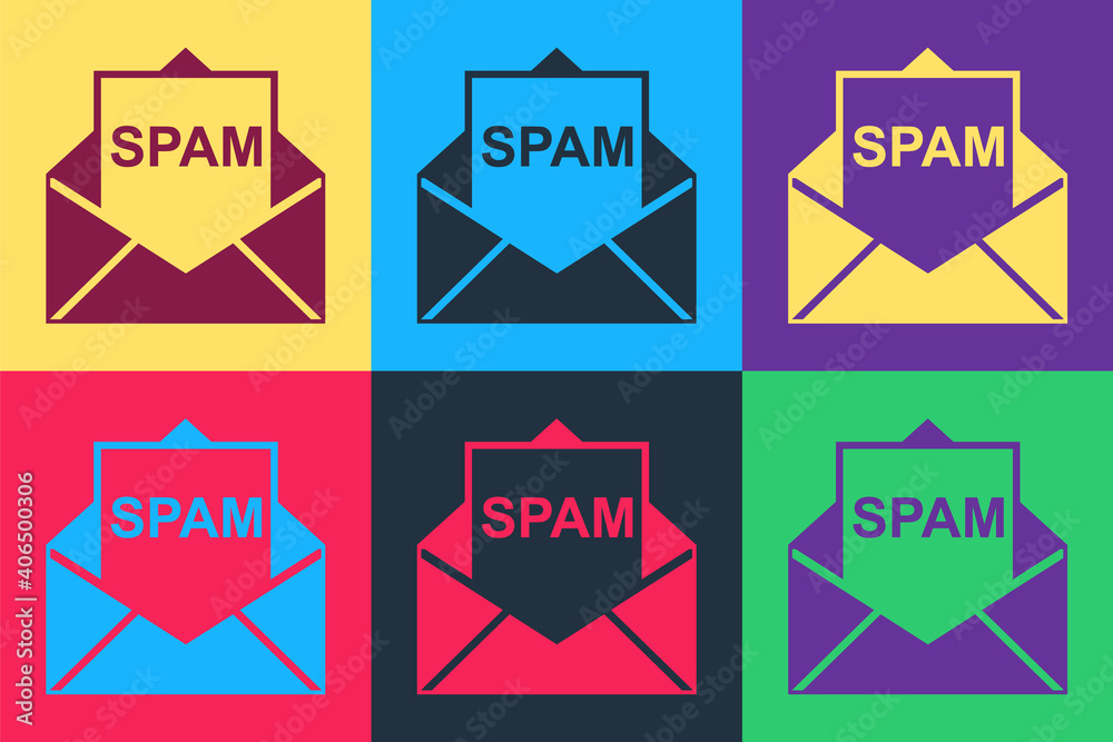 Poster pop art envelope with spam icon isolated on color background. concept of virus, piracy, hacking and 