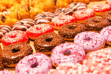 Many colored donuts on the shelf of the store.