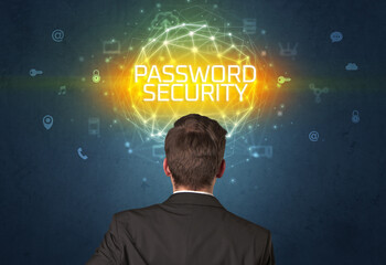 Rear view of a businessman with PASSWORD SECURITY inscription, online security concept