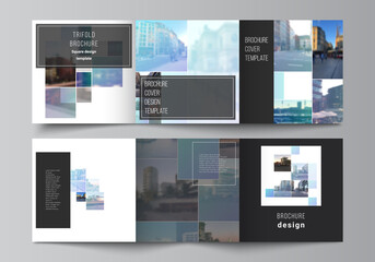 Vector layout of square format covers templates for trifold brochure, flyer, magazine, cover design, book design, brochure cover. Abstract design project in geometric style with blue squares.