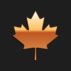 Gold Canadian maple leaf icon isolated on black background. Canada symbol maple leaf. Long shadow style. Vector.