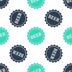 Green Bottle cap with beer word icon isolated seamless pattern on white background. Vector.