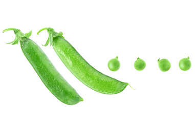 Top view of fresh green pea pods and peas isolated on a white background