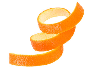 Spiral form of orange peel isolated on a white background. Orange zest. Cocktail ingredient.