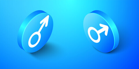 Isometric Male gender symbol icon isolated on blue background. Blue circle button. Vector.