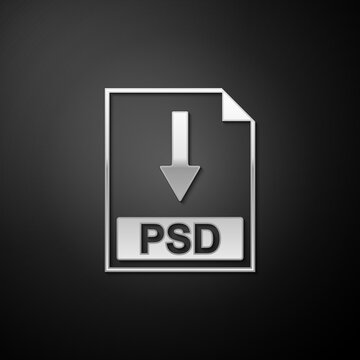 Silver PSD file document icon. Download PSD button icon isolated on black background. Long shadow style. Vector.