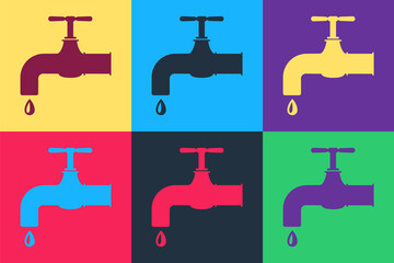 Pop art Water tap with a falling water drop icon isolated on color background. Vector.