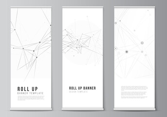Vector layout of roll up mockup templates for vertical flyers, flags design templates, banner stands, advertising mockups. Gray technology background with connecting lines and dots. Network concept.