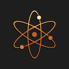 Gold Atom icon isolated on black background. Symbol of science, education, nuclear physics, scientific research. Electrons and protonssign. Long shadow style. Vector.