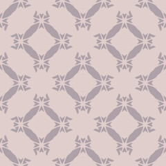 Vector abstract geometric ornament with diamond shapes, flower silhouettes, grid. Elegant ornamental background. Texture in lilac color. Repeat design for decor, print, wallpaper, textile, clothing