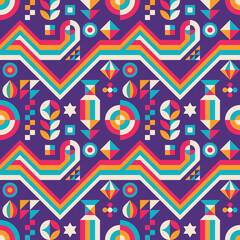 Abstract background seamless pattern design. Geometric shapes. Decorative ornament mosaic. Blue, red, yellow colors. Vector illustration. 