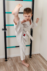 Little boy conducts karate training in kimono at home