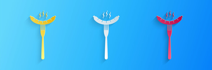 Paper cut Sausage on the fork with steam icon isolated on blue background. Grilled sausage and aroma sign. Paper art style. Vector.