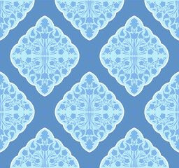 Vector Arabian Islamic floral decorative seamless vector pattern. Exotic Boho arabesque ornamental textile design in various shades of blue colors for custom design.