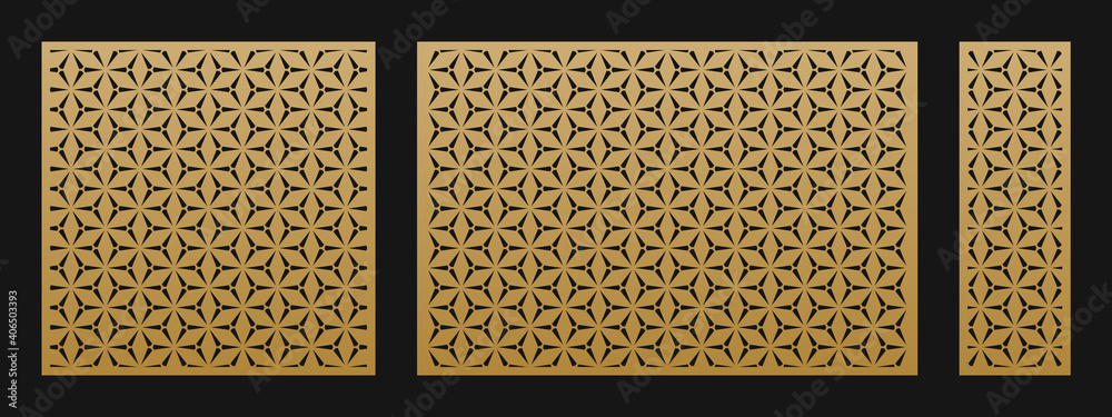Aufkleber Laser cut patterns. Vector set with geometric ornaments in Oriental style, hexagonal grid. Elegant minimal stencil for laser cutting of metal, wood, decorative panel. Aspect ratio 1:1, 3:2, 1:3