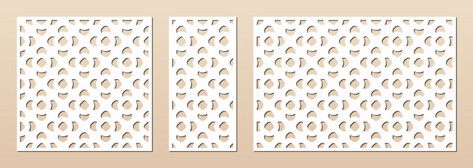 Laser cut panel set. Vector template with geometric pattern in Oriental style, floral ornament, grid, mesh. Decorative stencil for laser cutting of wood, metal, plastic. Aspect ratio 1:1, 1:2, 3:2