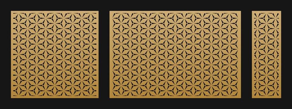Laser cut patterns. Vector set with geometric ornaments in Oriental style, hexagonal grid. Elegant minimal stencil for laser cutting of metal, wood, decorative panel. Aspect ratio 1:1, 3:2, 1:3
