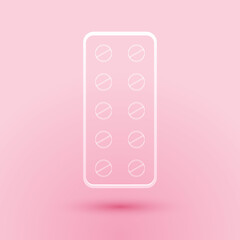 Paper cut Pills in blister pack icon isolated on pink background. Medical drug package for tablet: vitamin, antibiotic, aspirin. Paper art style. Vector.