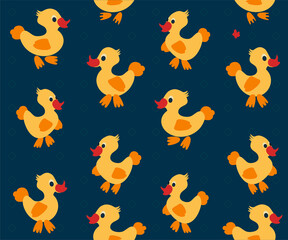 Cartoon funny mother duck with her little ducklings. Vector illustration. Background Cartoon seamless pattern.