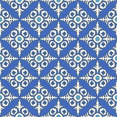Zelfklevend Fotobehang Seamless Middle Asian kazakh pattern in lapis blue and turquoise oriental style. Arabesque islamic floral decorative ornament for custom design and print. © NATALYA