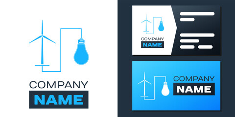 Logotype Wind mill turbine generating power energy and bulb icon isolated on white background. Natural renewable energy production using wind mills. Logo design template element. Vector.